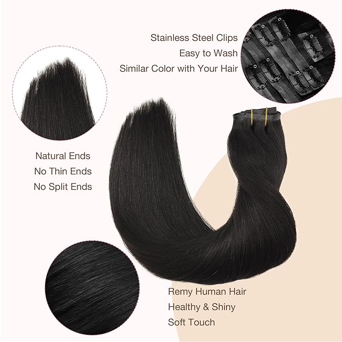GOO GOO Clip in Hair Extensions Real Human Hair, Remy Human Hair Extensions Clip ins for Women, Natural Human Hair, 16inch 110g 7Pcs, 1B Natural black
