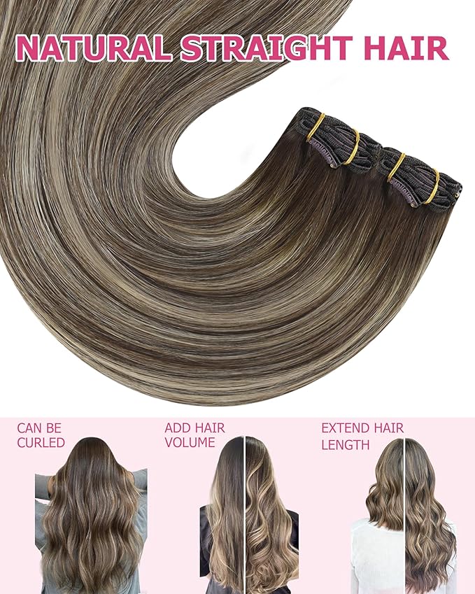 YoungSee Clip in Human Hair Extensions Brown Balayage Clip in Extensions Real Human Hair Chocolate Brown with Ash Blonde Clip on Human Hair Extension for Short Straight Hair 12Inch 80G 7Pcs