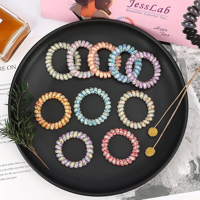 JessLab Spiral Hair Ties for Ladies, 10-Pack Elastic Cute Plastic Coil Bands, No-Damage Accessory for Women and Children with Thick or Thinning Hair, Silkscreen Floral Print