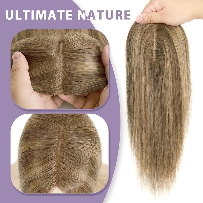 Toppers Hair Pieces for Women #TAC, 3x5 Inch Injected Silk Base 14 Inch Length 130% Density Real Human Hair Toppers