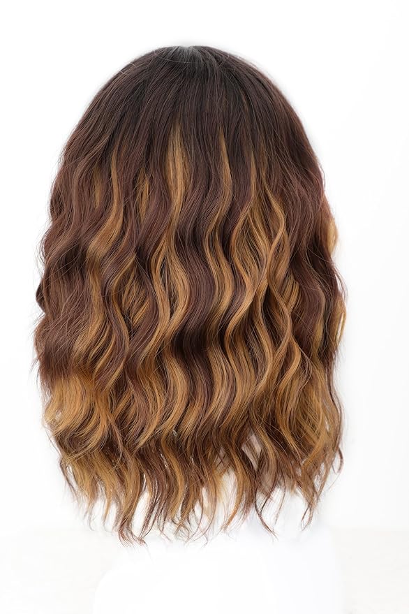 AISI HAIR Curly Bob Wig with Bangs Ombre Brown Mix Blonde Color Short Wavy Wigs for Women Bob Style Synthetic Heat Resistant Bob Wigs
