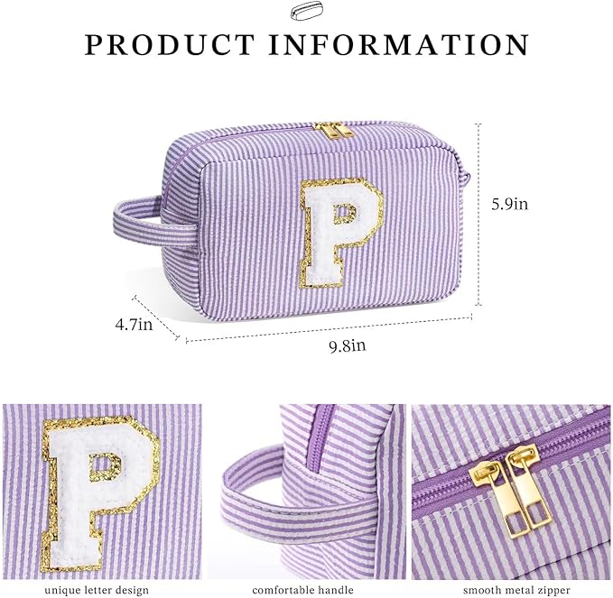 YOOLIFE Makeup Bag: Initial Monogram Cosmetic Travel Makeup Pouch, Purple for Women