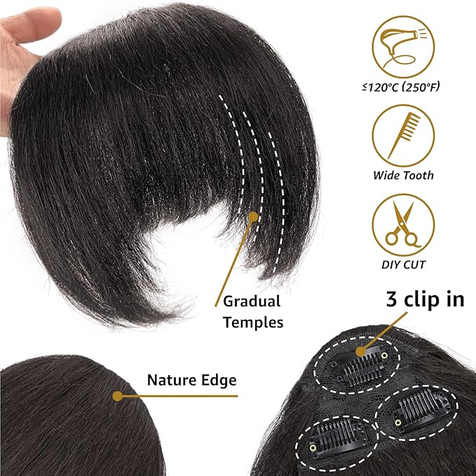 Yaki Straight Bangs Hair Extensions for Women Brown Black Synthetic Fringe with Temples Handmade Kinky Straight Bangs Hairpiece with 3 Clips in(2#)