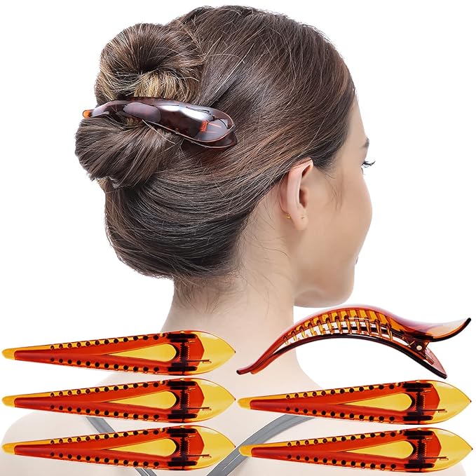 RC ROCHE 6 Pcs Duck Bill Alligator Hair Clips for Women Sectioning Flat Claw Long Thick Hair Inner Teeth Curved Styling Jaw Strong Secure Grip Salon, Large Brown