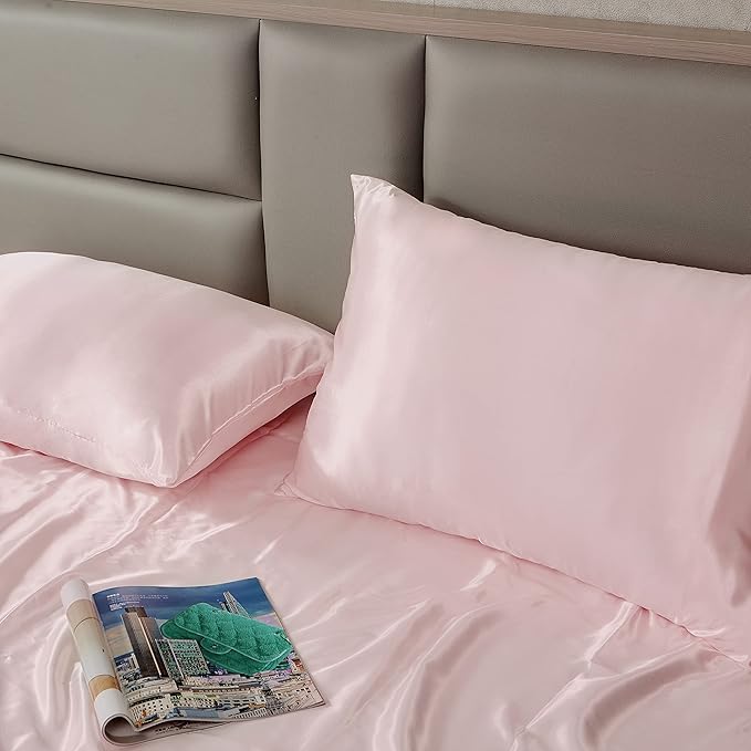 Blush Pink Satin Pillowcase Queen Size Set of 2 for Hair and Skin, Blush Pink Silk Pillowcase Breathable Pillowcase with Envelope Closure