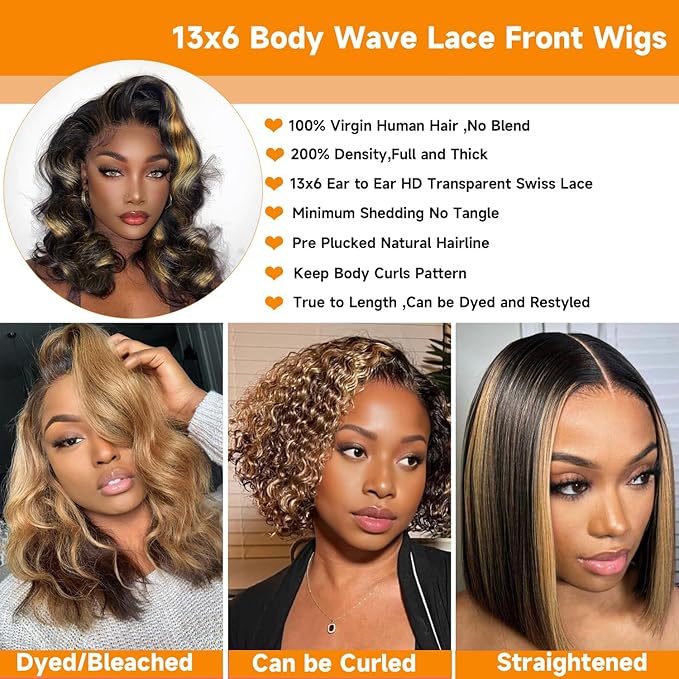 Bob Wig Human Hair 13x6 Balayage Highlight Body Wave HD Lace Front Wigs Human Hair Pre Plucked 200% Density Colored 1B/27 Ombre Honey Blonde Frontal Lace Wig 14 Inch Glueless Short Bob Wigs for Women