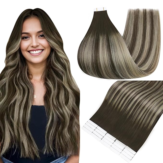 Full Shine Tape in Hair Extensions Balayage Color 2 Fading to 60 Blonde Highlight 2 Darkest Brown Human Hair Extensions 16 Inch Double Sided Straight Remy Extensions Tape Ins 50G 20Pcs Tape Extension