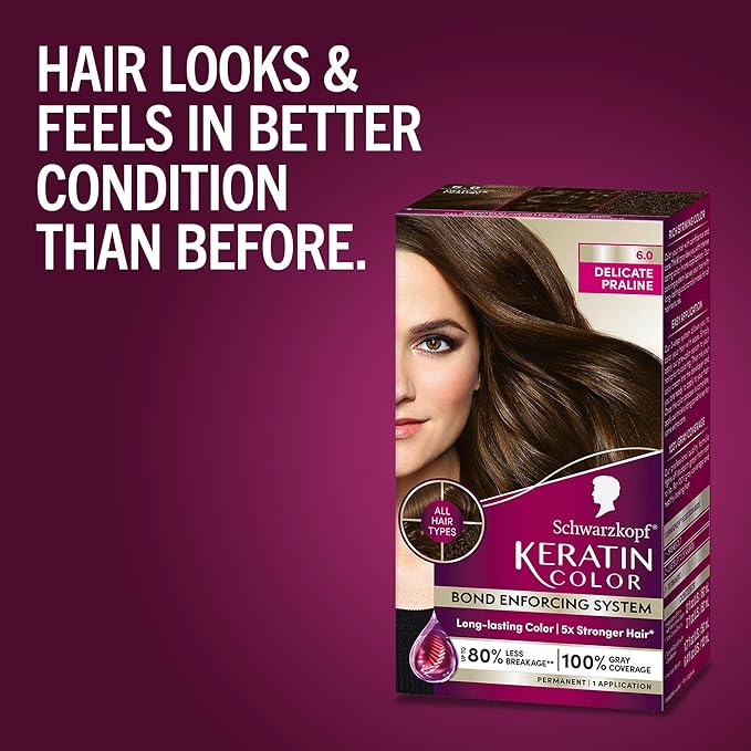 Schwarzkopf Keratin Permanent Hair Dye Cream, 6.0 Delicate Praline, Professional Quality Color for Up to 100% Gray Coverage, Bond Enforcing System