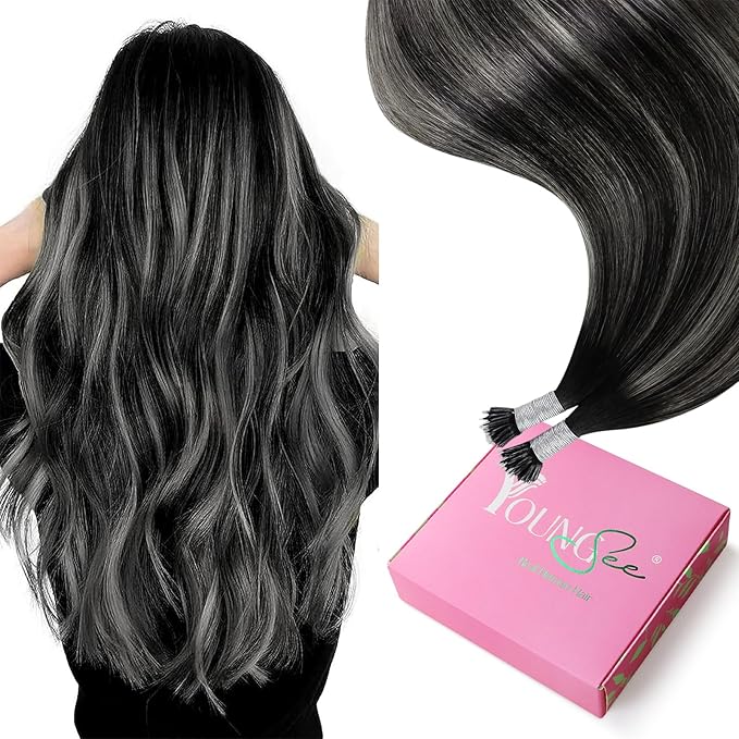 YoungSee Nano Ring Hair Extensions Black Ombre Nano Hair Extensions Ombre Black to Silver for Prom 50s 50g 18in