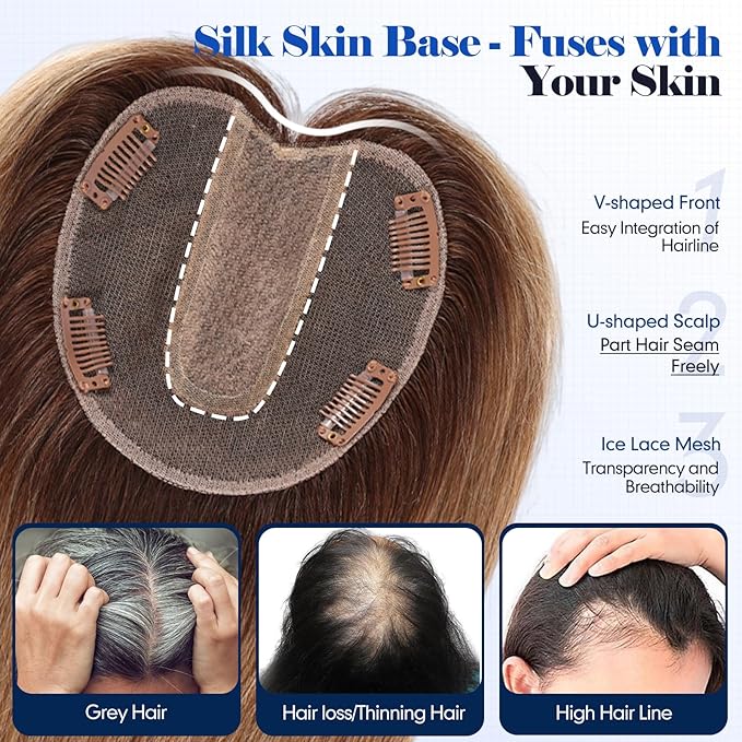 HAIRCUBE Hair Toppers For Women With Thinning 5"*5" Large Base Real Hair Toppers For Women, 14 Inch For Hand-Woven, 60g, Silk, Natural, realistic, Use Daily, Hairloss, Ombre Light Brown, with bangs