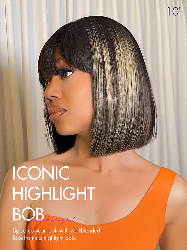 LUVME HAIR 10 Inch Blonde Highlight Bob Human Hair Wig with Bangs Glueless HD Lace Bang Wig True Scalp Ready to Go Silky Straight Highlight Human Hair Short Wig with Bangs (Breathable Cap)