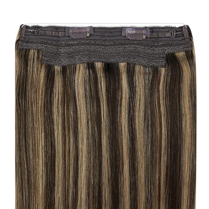 YoungSee Wire Hair Extensions Real Human Hair Brown Highlight Hair Wire Dark Brown Mix Caramel Blonde Human Hair Fish Line Extensions Easy to Wear 18inch 80g