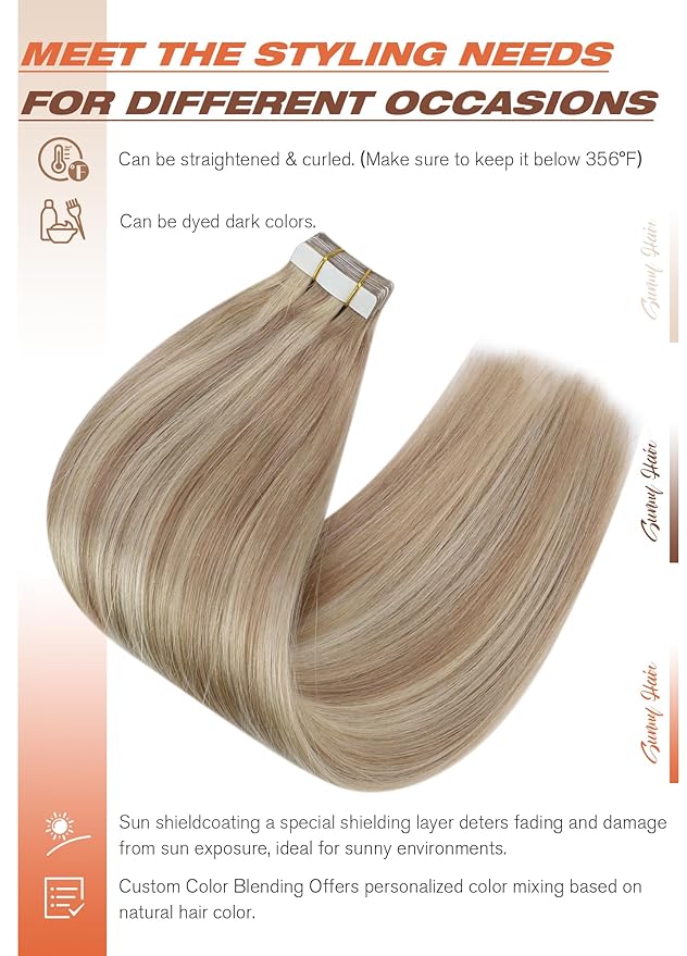 Sunny Hair Blonde Tape in Hair Extensions Human Hair Ash Blonde Highlight Bleach Blonde Hair Extensions Tape in 18 Inch Remy Tape in Txtensions for Women Wedding 20Pcs 50g