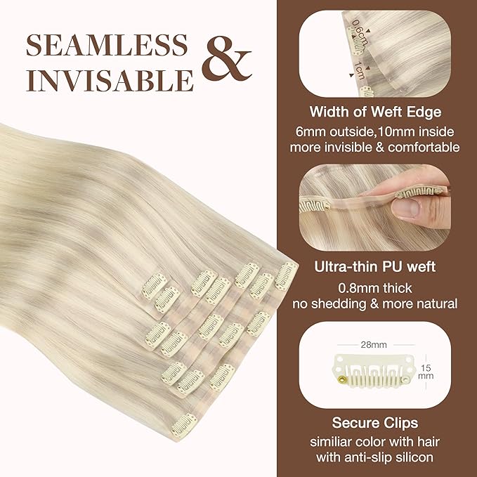 GOO GOO Clip in Hair Extensions Real Human Hair, Remy Human Hair Extensions Clip ins for Women, Natural Human Hair, 20inch 150g 7Pcs, 17/22/60 Balayage Ash Blonde and Platinum Blonde