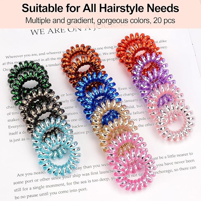 JessLab Spiral Hair Ties, 20 Pcs Traceless Phone Cord Hair Ties No Crease Spiral Bracelet Plastic Coil Ponytail Holders No-Damage Headband Hair Accessory for Girls Women Ladies Gift (Lustrous)