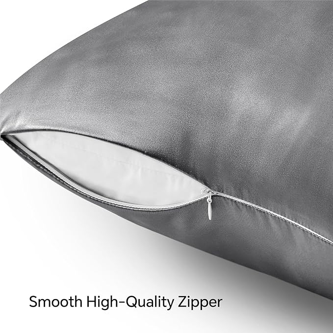 BEDELITE Satin Pillowcase with Zipper 2 Pack, Dark Grey Pillow Cases Standard Size, Super Soft and Cooling Similar to Silk Pillow Cases, Gift for Women Men(20x26 Inches)