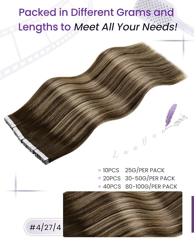 LaaVoo Tape in Hair Extensions Human Hair Balayage Brown to Caramel Blonde with Brown Tape in Extensions Real Human Hair Tape on Hair Extensions Silky Straight Hair 22 Inch 40pcs 100g