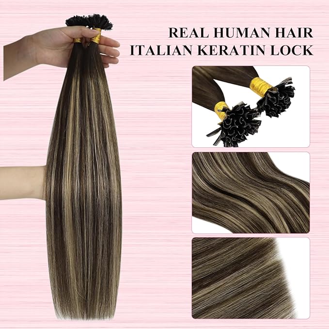 YoungSee Ombre Utip Hair Extensions Balayage Brown Ombre Blonde U Tip Extensions Ombre 18In 50s/50g Silky Straight