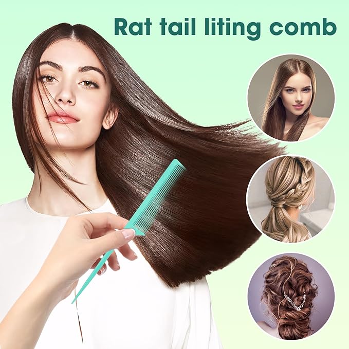 2Pcs Rat Tail Comb Parting Combs for Women, Fine Tooth Parting Tip Carbon Fiber Root Teasing Anti Static Hair Comb for Styling (Green,Black)