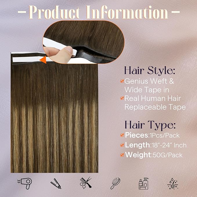 Full Shine Genius Weft Hair Extensions Human Hair 24 Inch Color 4 Medium Brown Ombre 24 Blonde And 4 Brown Long Tape Weft Tape in Extensions Real Human Hair Remy Skin Weft 20Pcs 50G for Wedding