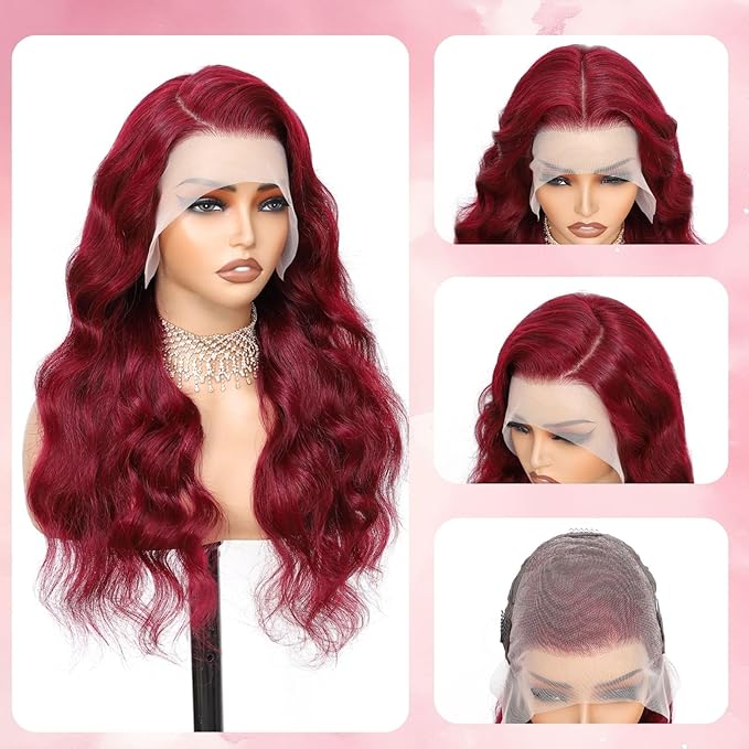 24 Inch 99j Burgundy Lace Front Wigs Human Hair 13x6 HD Transparent Burgundy Wig Human Hair 200 Density Pre Plucked Glueless Frontal Wigs Human Hair for Black Women