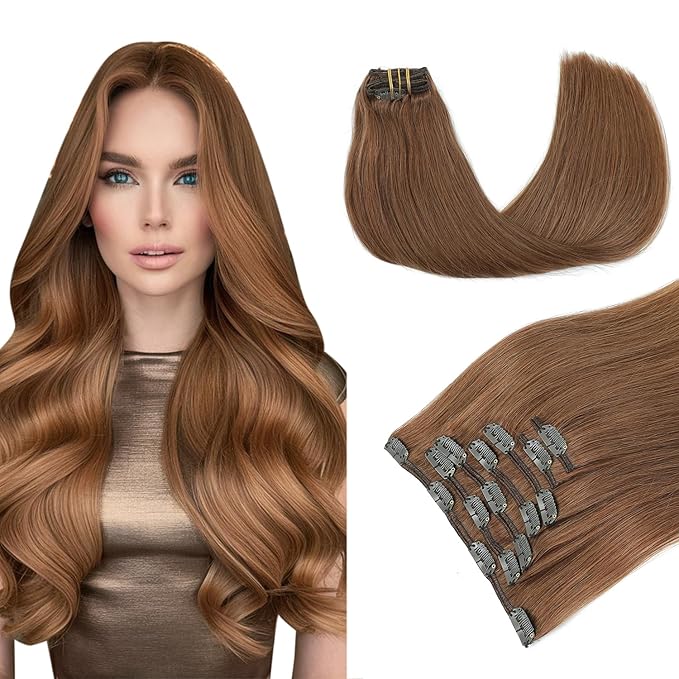 PINKPEARL Clip in Hair Extensions Real Human Hair, Remy Human Hair Extensions Clip ins for Women, Natural Human Hair, 20inch 120g 7Pcs, #33 Auburn(#33-20)
