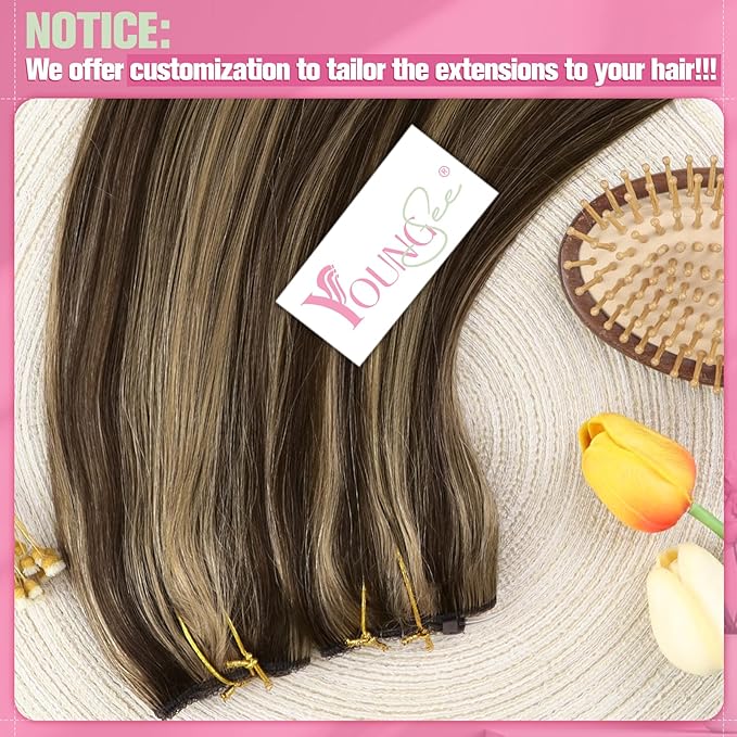 YoungSee Invisible Wire Hair Extensions Brown Highlights Human Hair Wire Extensions Dark Brown Highlight Caramel Blonde Headband Hair Extensions for Women 16inch 80g