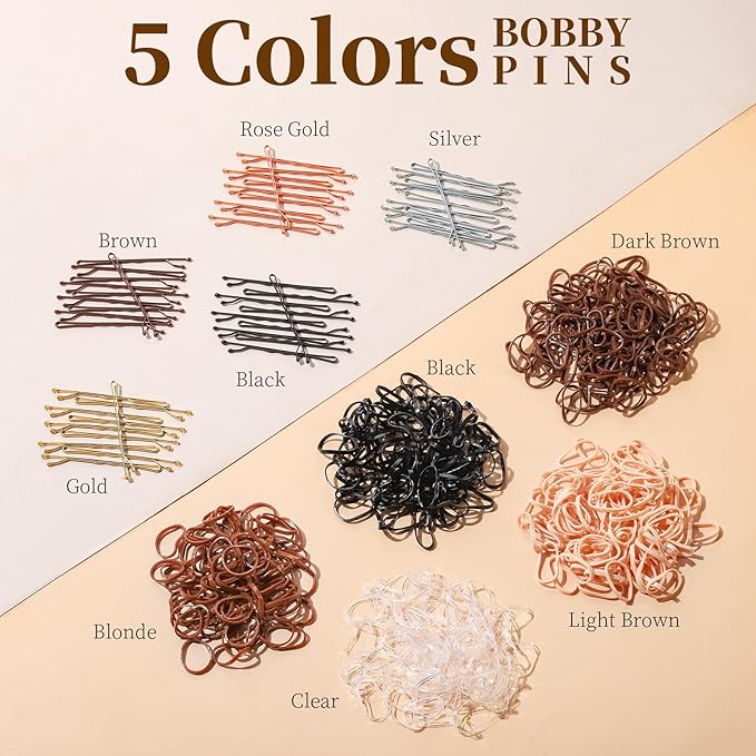 YGDZ 750PCS Bobby Pins for Women, 250PCS 2Inch Hair Pins for Brown Hair, Black, Blonde Hair, 500PCS Elastic Hair Ties Neutral Colors, Christmas Stuffers Xmas Gift Hair Accessories for Women, Girls