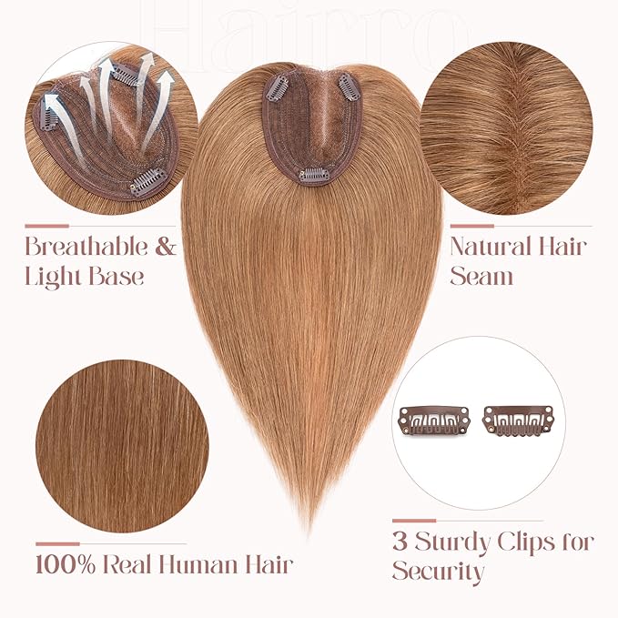 Hairro 100% Human Hair Topper No Bangs, Real Clip in Hair Hairpieces for Women, 3.94x4.72" Silk Base for Thinning Receding High Hairline, 12 Inch Light Brown Side Part