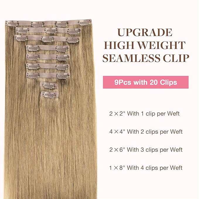 GOO GOO Clip in Hair Extensions Real Human Hair, Remy Human Hair Extensions Clip ins for Women, Natural Human Hair, 14inch 130g 9Pcs, 7 Bronde