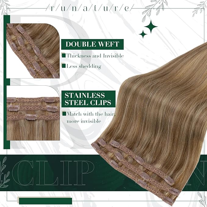 RUNATURE Human Hair Clip in Extensions, 18 Inch Clip in Human Hair Extensions, Real Natural Hair for Women, Add Hair Length, Easy to Apply, 50g 3pcs #10P16 Dark Blonde Highlight Caramel Blonde