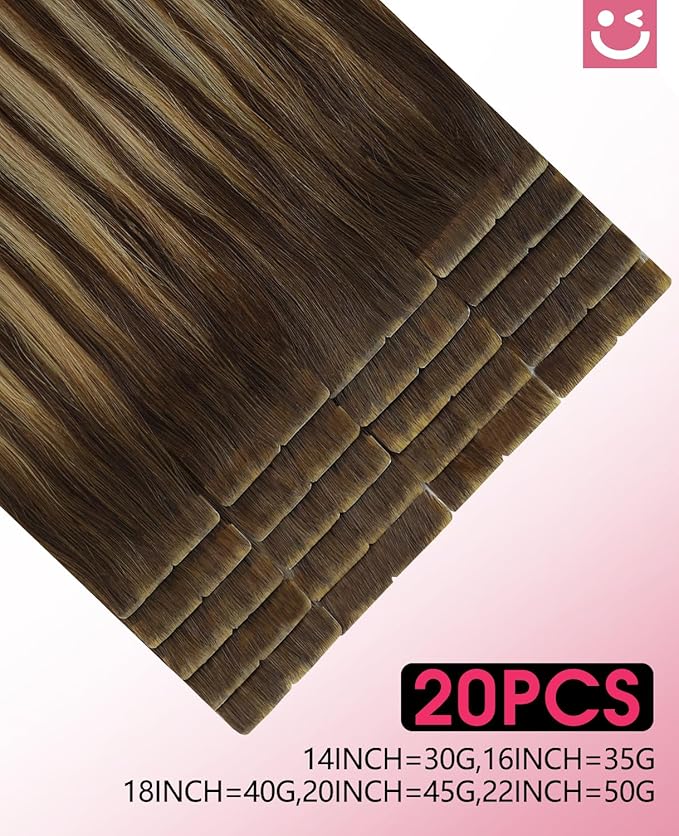 Youngsmile Injection Tape in Hair Extensions Human Hair #4/27/4 Chocolate Brown to Caramel Blonde 20pcs 50g 22 Inch Balayage Injected Tape in Hair Extensions Straight Remy Human Hair (#4/27/4,22'')