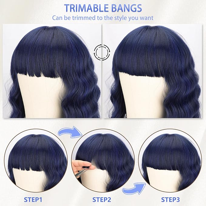 Nnzes Wig with Bangs for Women Short Bob Wavy Charming Synthetic Dark Blue Wigs with Natural Shoulder Length Curly Heat Resistant Hair for Daily Party Use