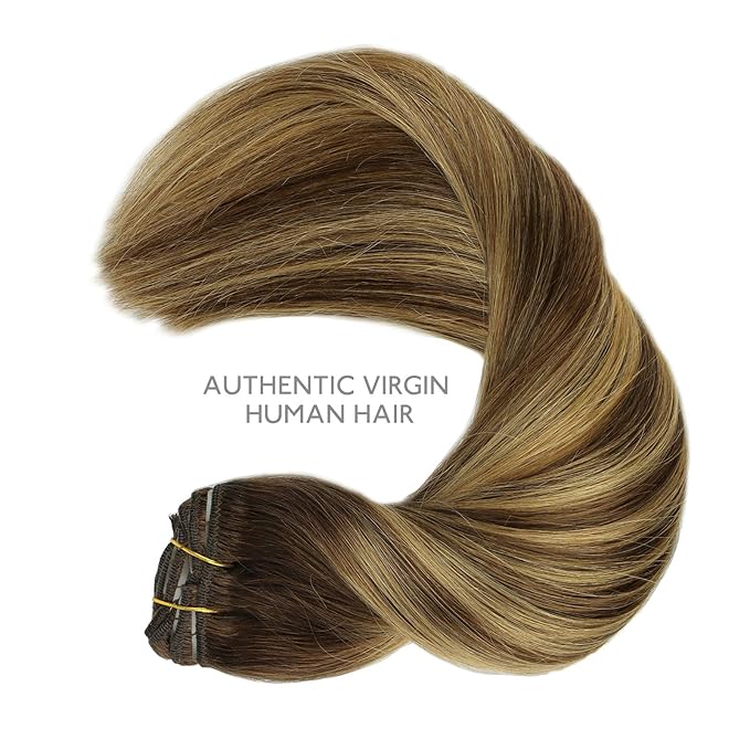 WENNALIFE Clip in Hair Extensions, 150g 18 Inch 9pcs Balayage Chocolate Brown to Caramel Blonde Remy Hair Thicker Double Weft Extensiones De Cabello Humano Con Clip Ins Straight Full Volume