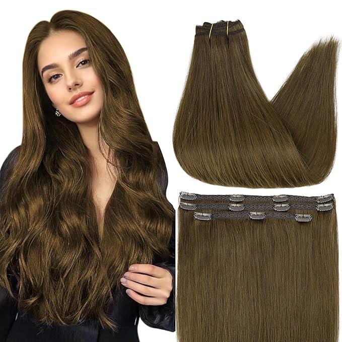 Full Shine Brown Human Hair Extensions 16 Inch Real Human Hair Extensions Clip in Extensions Straight Remy Hair Medium Brown Brazilian Clip in Real Hair Natural Extensions 60 Grams 3Pcs