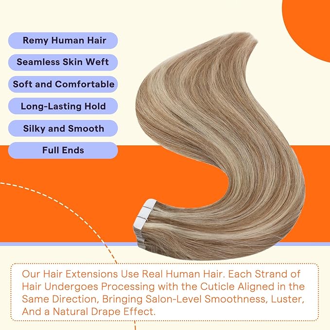 Full Shine Tape in Hair Extentions Human Hair 16 Inch Tape in Extentions Human Hair Color 10 Highlight 613 Bleach Blonde Seamless Remy Human Hair Extensions Tape ins 50g 20PCS for Party