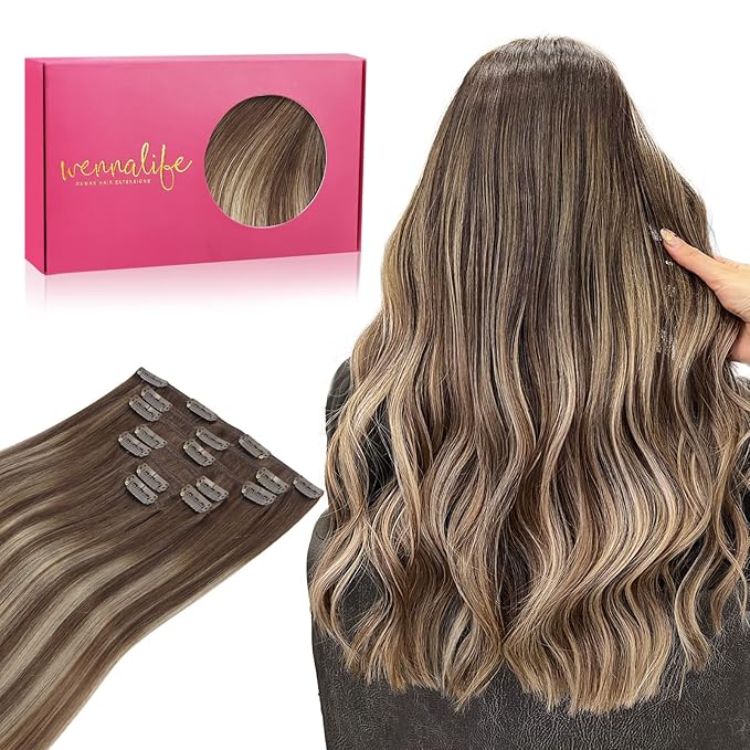 WENNALIFE Clip in Hair Extensions Real Human Hair, 20 Inch 120g 7pcs Balayage Chocolate Brown to Honey Blonde Remy Hair Double Weft Straight Natural Extensiones De Cabello Humano Con Clip Ins