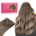 WENNALIFE Clip in Hair Extensions Real Human Hair, 14 Inch 120g 7pcs Balayage Chocolate Brown to Honey Blonde Hair Extensions Clip in Human Hair Remy Clip in Hair Extensions Real Human Hair
