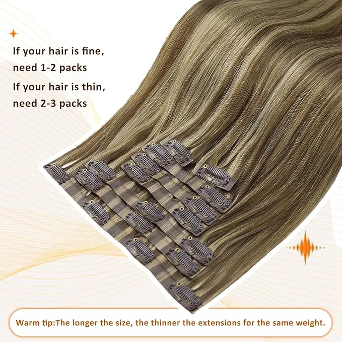 Full Shine Clip in Human Hair Extensions 16 Inch Dark Brown with Honey Blonde Highlights Straight Seamless Human Hair Clip in for Women Add Volume 8 PCS 120 G