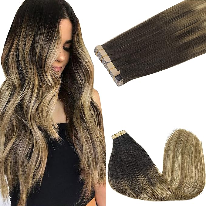GOO GOO Tape in Hair Extensions Human Hair, 2/6/18 Balayage Brown to Dirty Blonde, 18inch 100g 40pcs, Skin Weft Seamless Invisible, Silky Straight with Thick Ends, Remy Human Hair