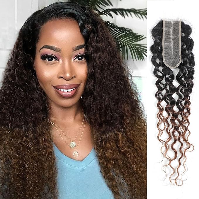 T1B/2/30 Ombre 2x6 Water Wave Lace Closure 100% Real Human Hair 18 Inch Chestnut Brown Ombre Water Wave Transparent Lace Closure