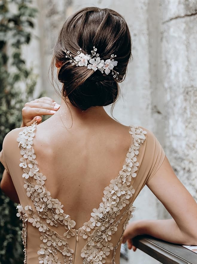SWEETV 3Pcs Bridal Hair Pins White Flower Bride Hair Pieces Wedding Hair Side Combs Floral Headpieces Accessories Fall Beach Clip for Brides Bridesmaids Women Girls