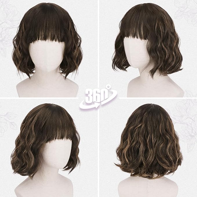 BARSDAR Short Wavy Wig with Bangs - Short Wavy Brown Blonde Highlights Wig for Women - Fluffy Soft Synthetic Curly Textured French Bob Wigs with Bangs Natural Looking Face-Framing Daily
