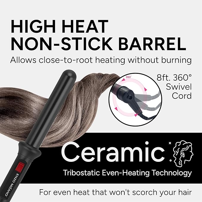ENZO Milano 25mm (1 Inch) Analog Clipless Ceramic Curling Iron / Curling Wand