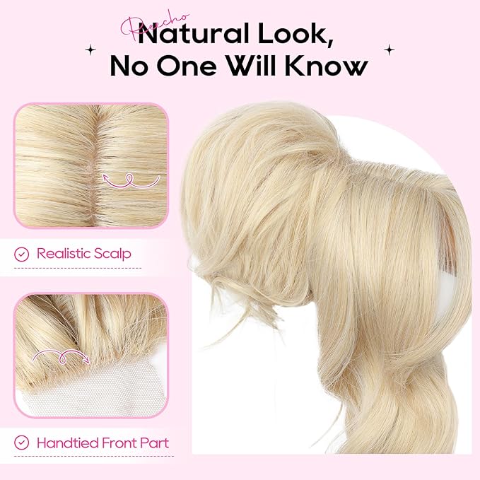 REECHO Messy Bun Hair Piece with Bangs – 2-in-1 Drawstring Ponytail Extension Updo Wig & Hair Topper with Long Side Bangs, Natural-Looking Hair Bun Hairpieces for Women - Natural Blonde