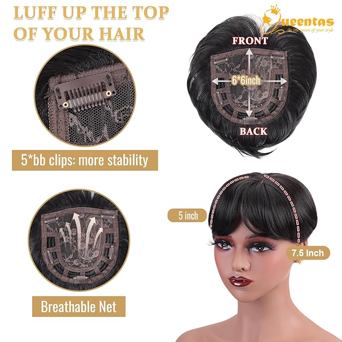 QUEENTAS Black Short Hair Toppers for Women with Thinning Hair 360°3D Cover with 5 Clips Hair Pieces Wispy Bangs 6"*6" Large Coverage Men's Toupee(Black/1B)