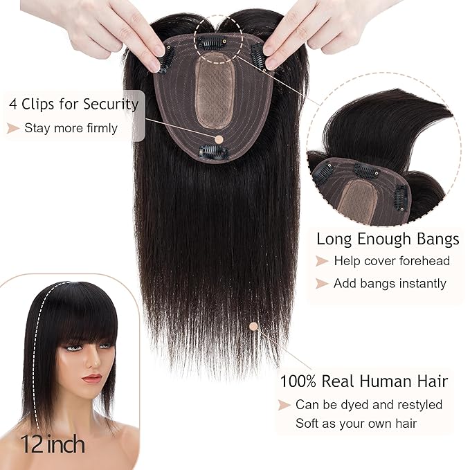 Hair Toppers for Women Real Human Hair With Bangs, 13 * 15 cm Larger Silk Base 150% Density Clip In Topper Hairpieces, Wiglet Top Pieces Add Volume -14 Inch 01B Natural Black