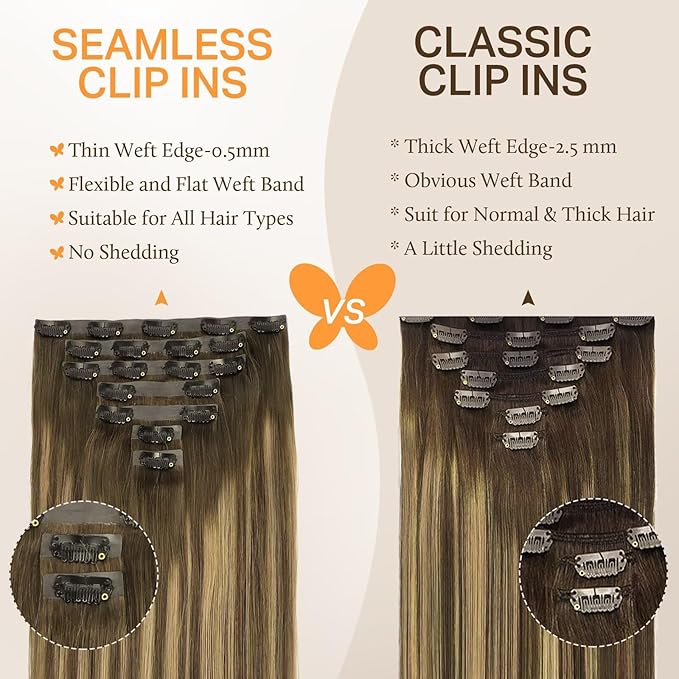 DOORES Invisible Edge Clip in Hair Extensions, Chocolate Brown to Caramel Blonde, 150g 7pcs 22 Inch Virgin Straight Human Hair Silky Weft