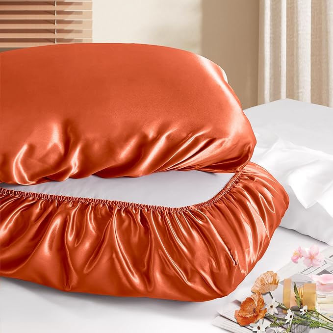 Manyshofu Satin Pillowcases for Hair Protection - 1Pcs Burnt Orange Pillow Cases, Elastic Band Standard & Queen Satin Pillowcases Luxury Silky Pillow Cases Travel Pillow Covers