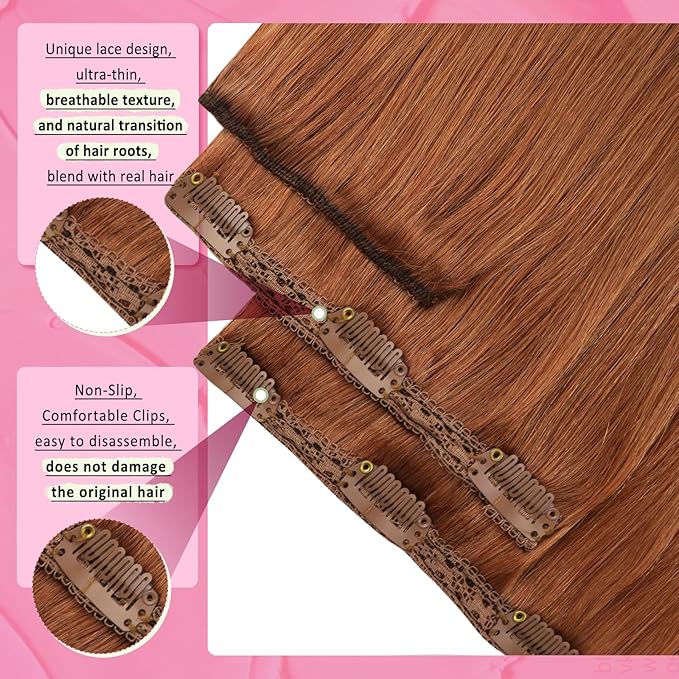 YoungSee Clip in Human Hair Extensions Copper Clip ins Hair Extensions Human Hair Light Copper Clip in Hair Extension Real Human Hair Ease of Use 16Inch 120g 7pcs